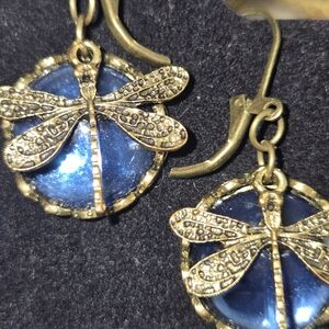 Gold Tone and Blue Dragonfly Earrings NWOT